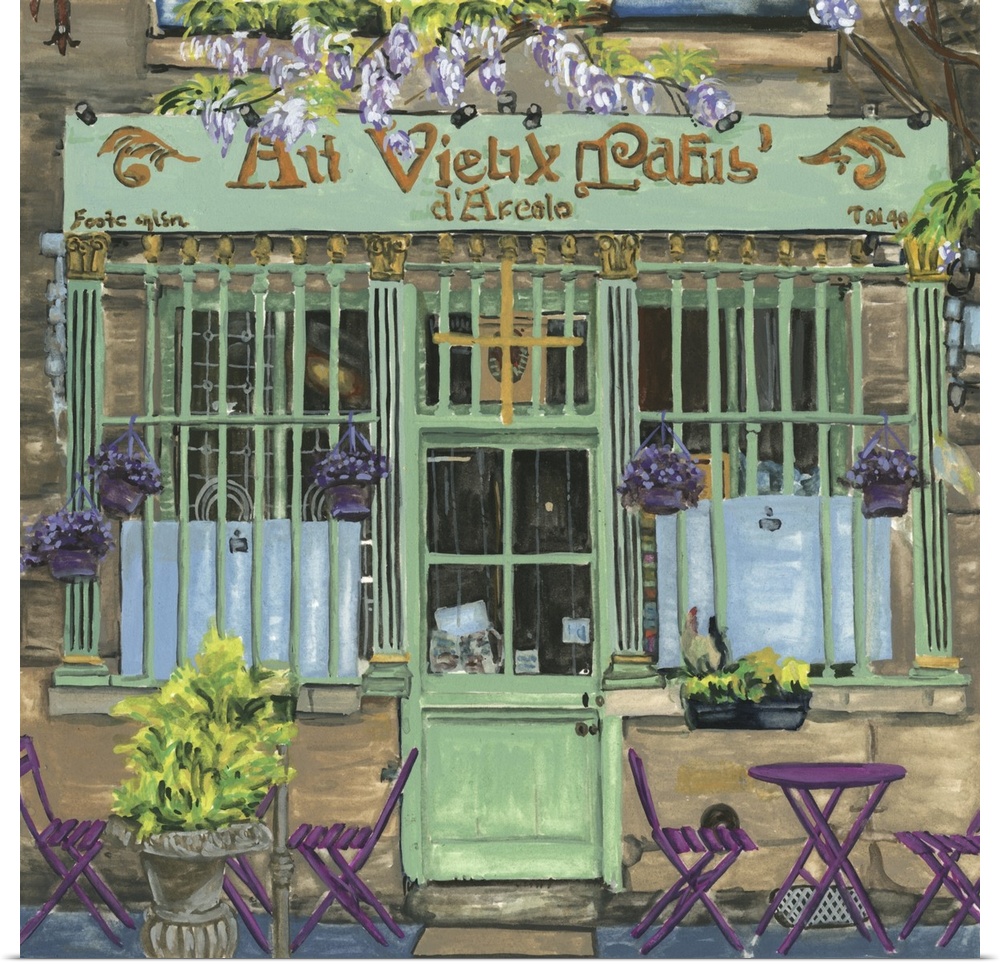 A square decorative image of tables and chairs outside a green and purple painted cafe in France.
