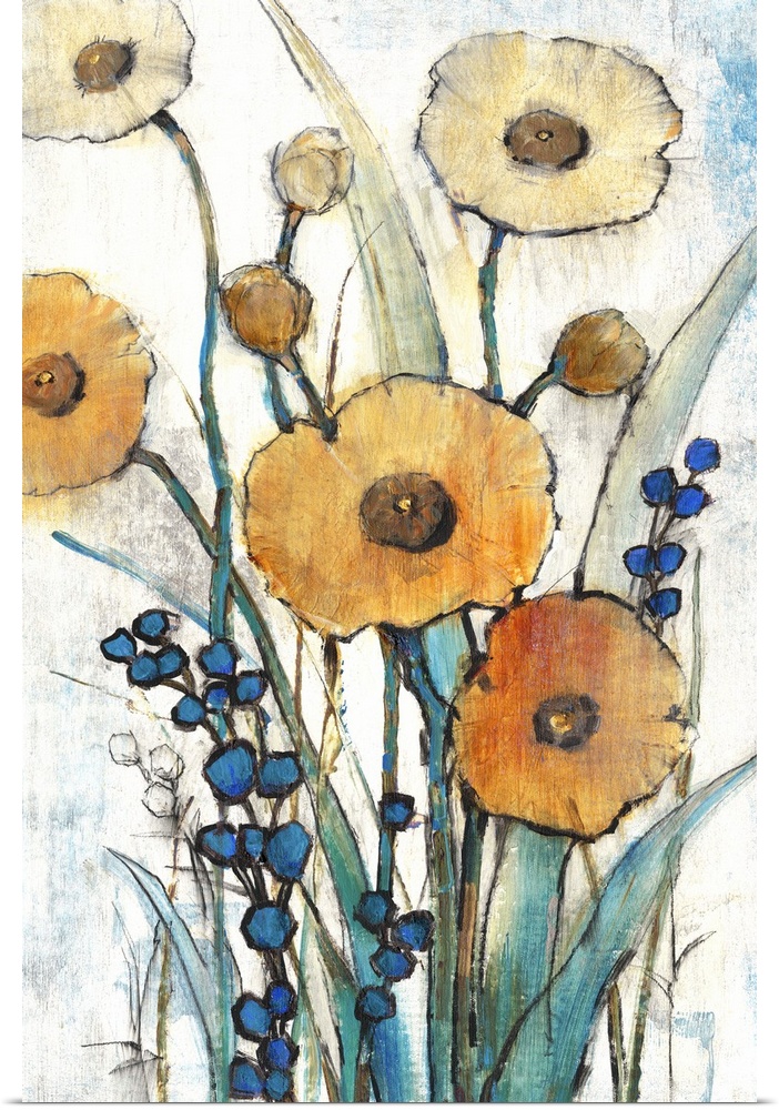 Contemporary art print of poppy flowers in bloom.