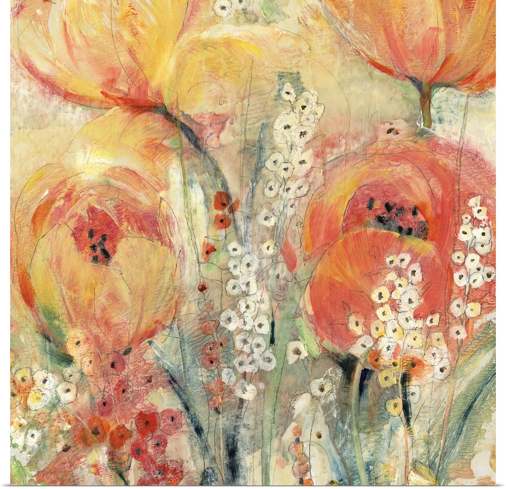 Contemporary abstract painting of orange and yellow tulips blooming in spring.