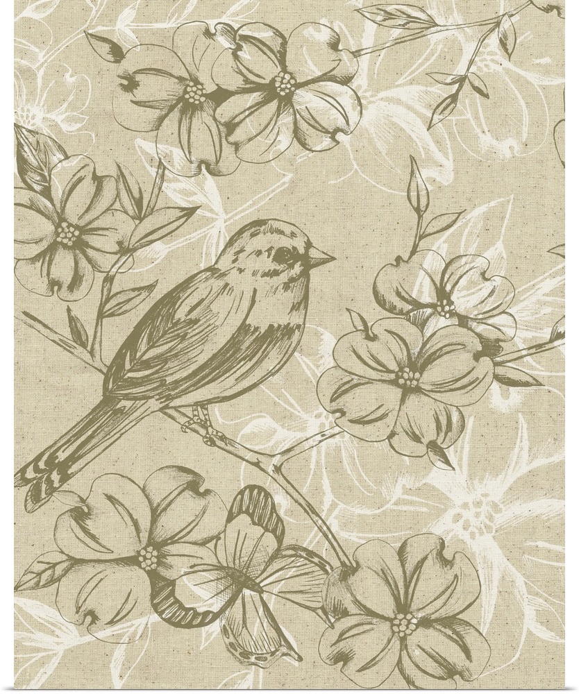 A delicate bird perches on a branch filled with flowers over a linen textured background with white flower designs in this...