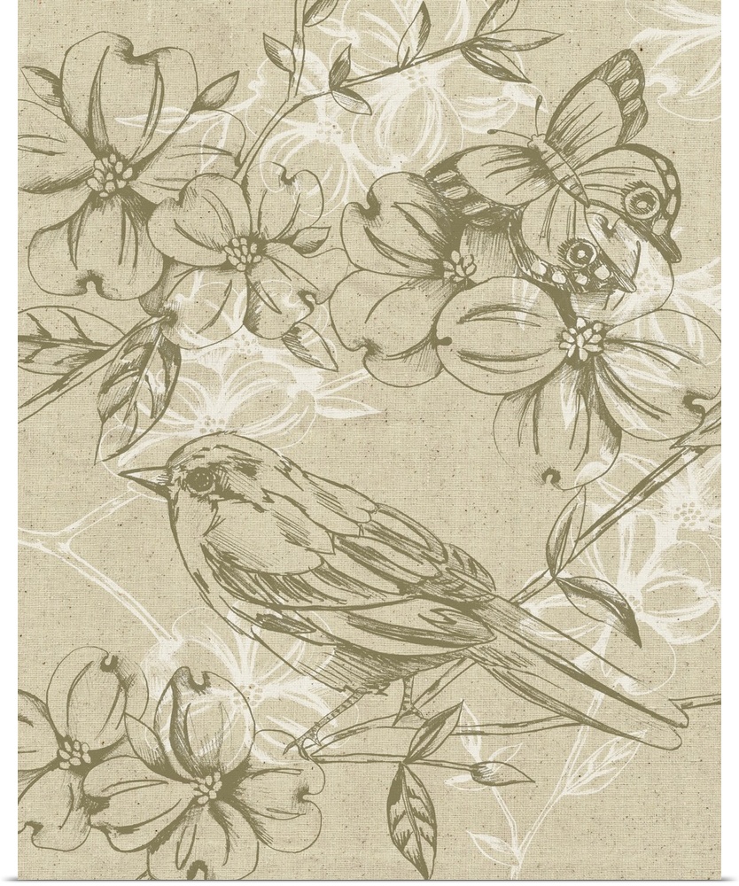 A delicate bird perches on a branch filled with flowers over a linen textured background with white flower designs in this...