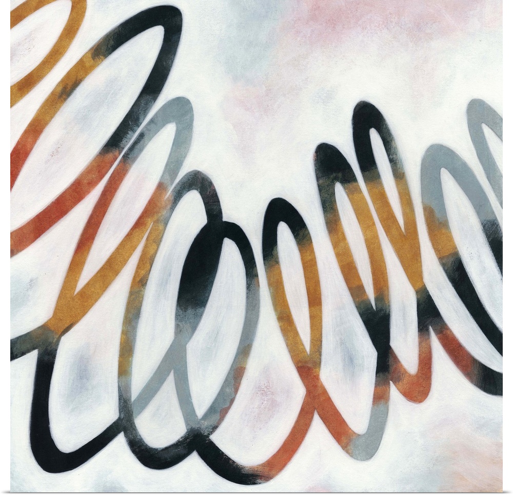 Contemporary abstract painting of a squiggly line in orange and black against a neutral background.