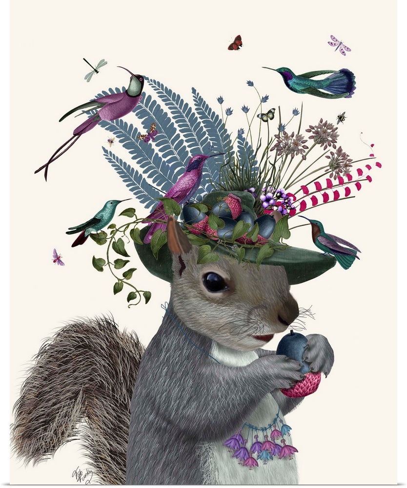 Digital illustration of a squirrel holding a nut, wearing a hat with flowers on it and colorful birds.