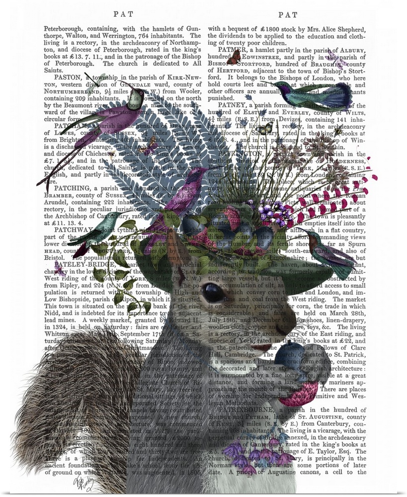 Digital illustration of a squirrel holding a nut, wearing a hat with flowers on it and colorful birds on a book page.