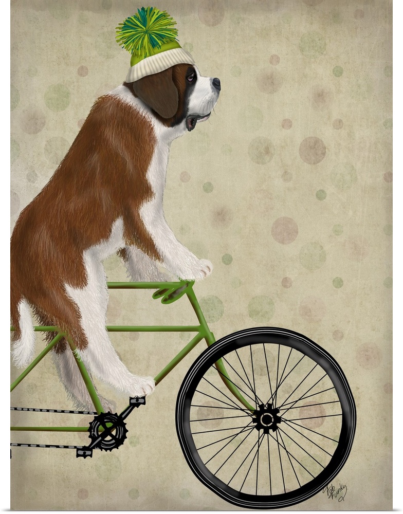 Decorative artwork of a St. Bernard riding on a green bicycle and wearing a matching green Winter hat.