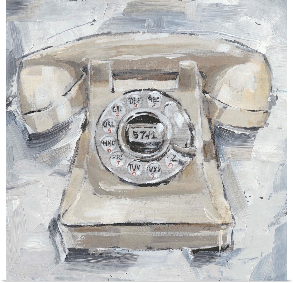 Fun, contemporary painting of a rotary phone in neutral hues.