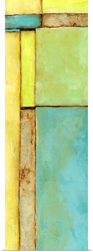 Contemporary abstract painting using geometric shapes in pale green and blue.