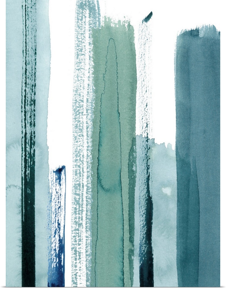 Contemporary abstract painting of watercolor brush strokes in various shades of blue.