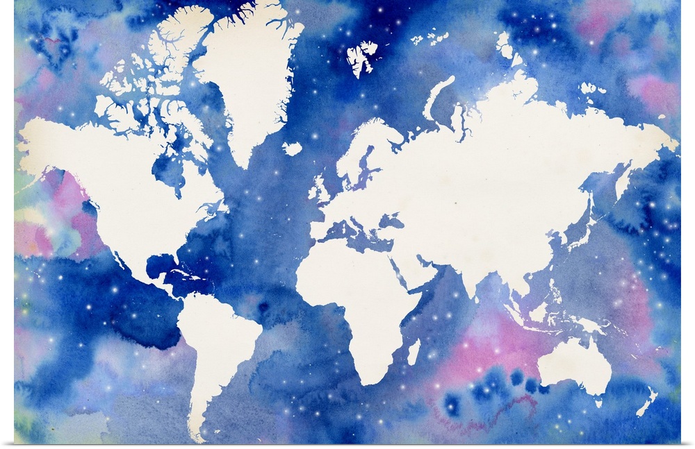 The sea in this world map resembles a starry night sky and is filled with watercolor droplets in blue and pink with white ...