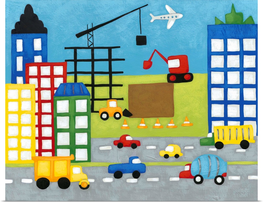Colorful children's artwork of street with cars lined with tall buildings with crane and construction cones in the distance.