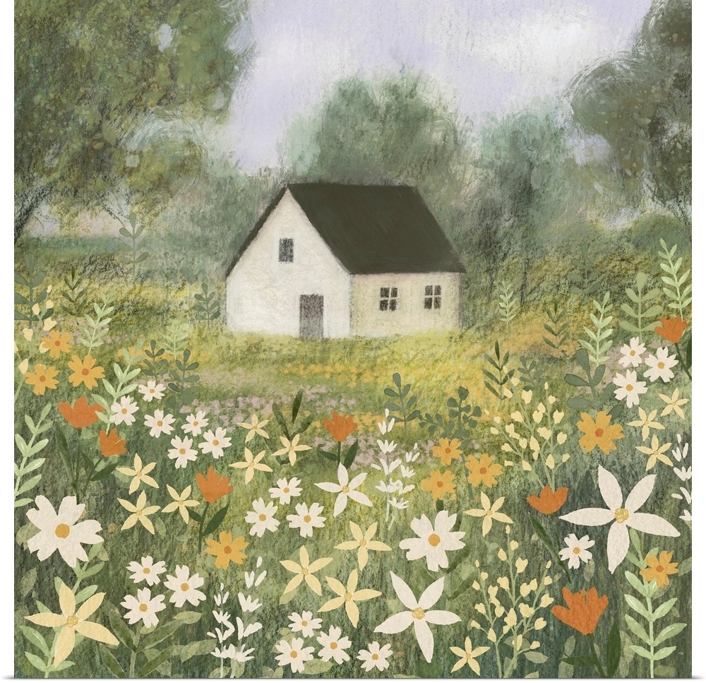 A sweet little illustration of a small white house sitting in a meadow of wildflowers in shades of orange, yellow and green