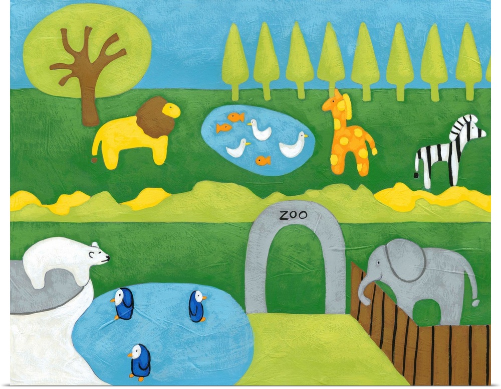 Whimsical children's art of animals including a lion, zebra, ducks, a giraffe, polar bear, elephant, and penguins.