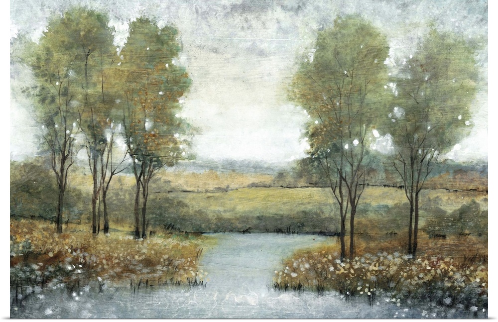 Contemporary painting of trees in a meadow by a stream.
