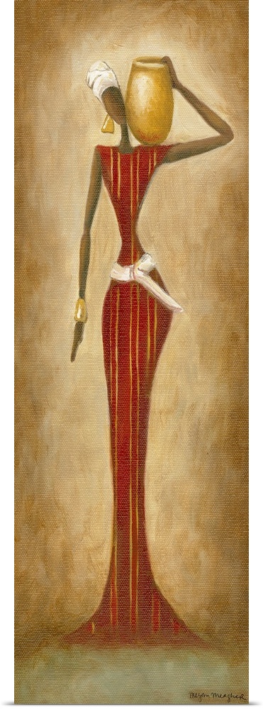 Giant, portrait African-American painting of the figure of a woman standing in a long dress, holding a golden vase on her ...