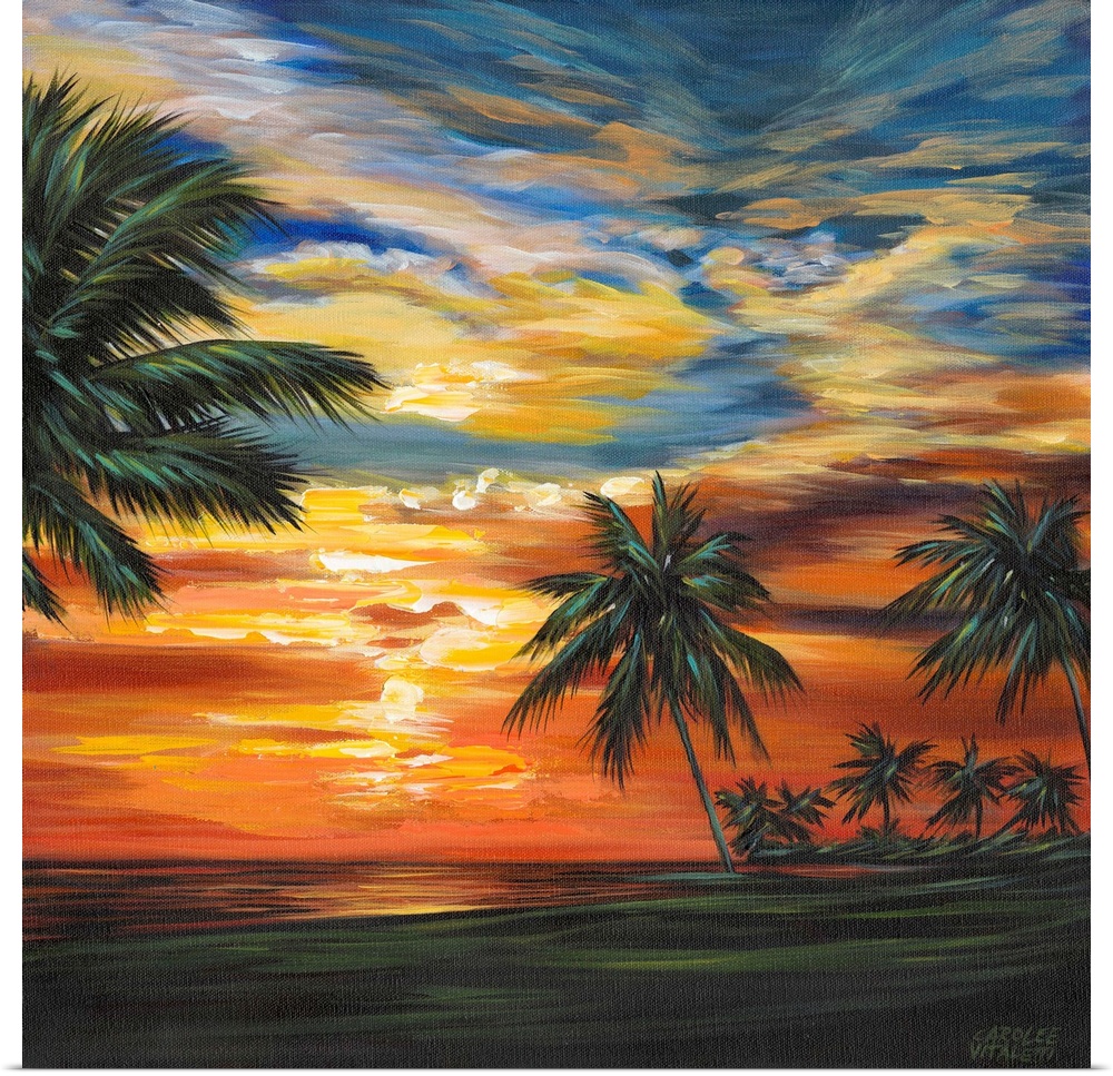 Contemporary painting of a vibrant, colorful sunset over a tropical beach surrounded by palm trees.