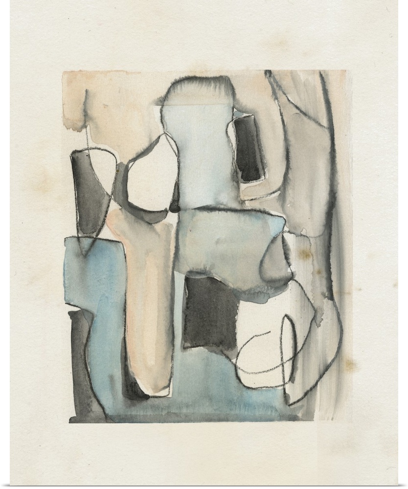 A subdue abstract watercolor of black outlined curved shapes in muted colors on a cream background.