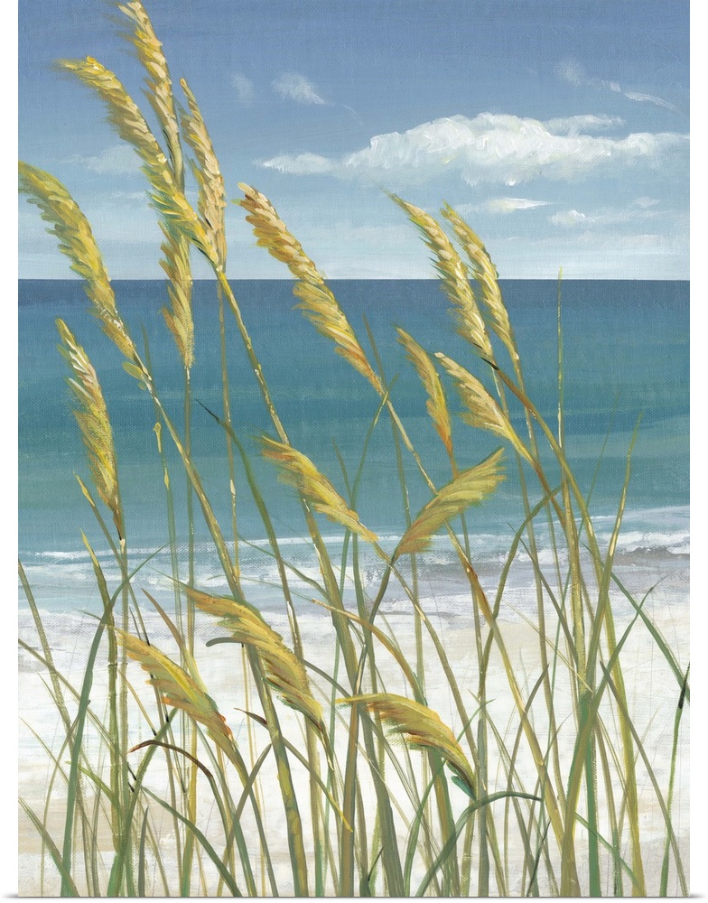 Contemporary painting of beach grasses swaying in the wind.