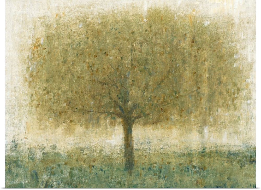 Contemporary painting of a tree with dense leafy branches.