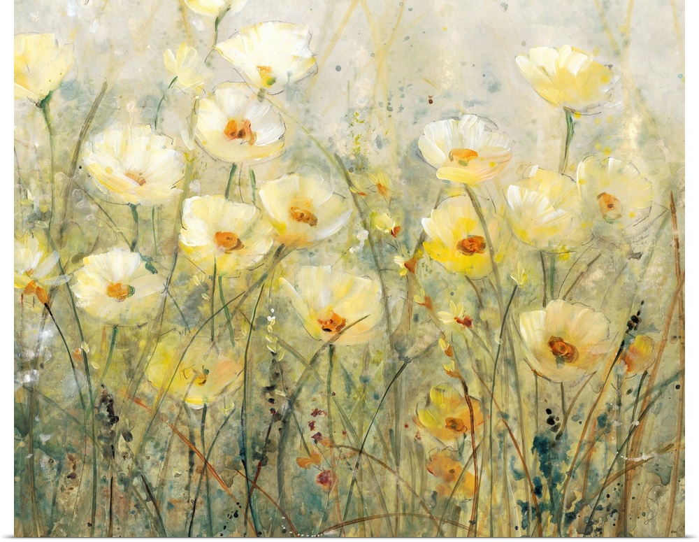 Contemporary painting of several yellow flowers growing in a field.