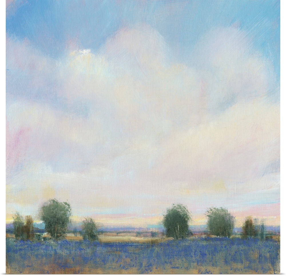 Abstracted landscape painting with a field and trees below a cloudy, blue sky.