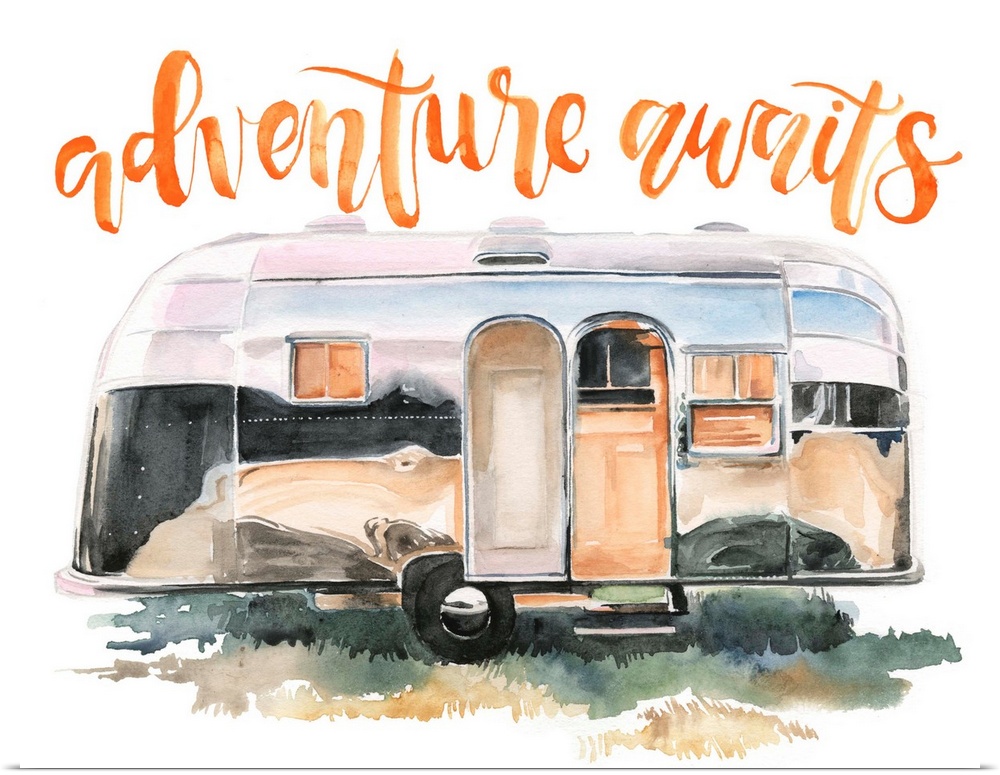 Fun watercolor painting of a caravan with text "Adventure awaits."