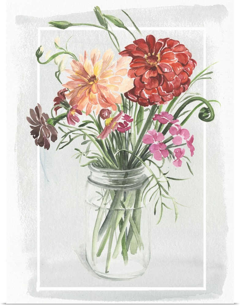 Watercolor painting of a bouquet of summer flowers in a glass jar, with a thin white border.