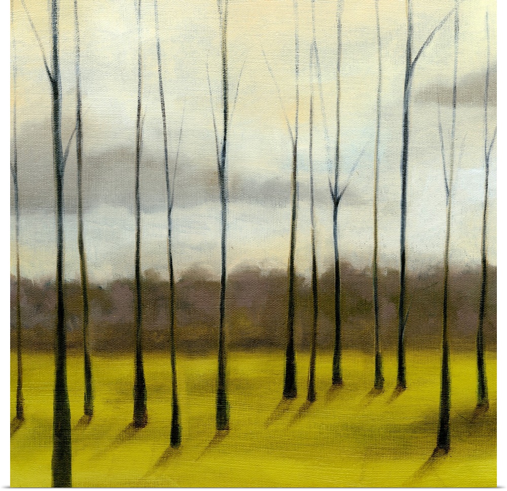 Square, oversized wall painting of a line of very thin trees with minimal branches and no leaves, on a vibrant green lands...