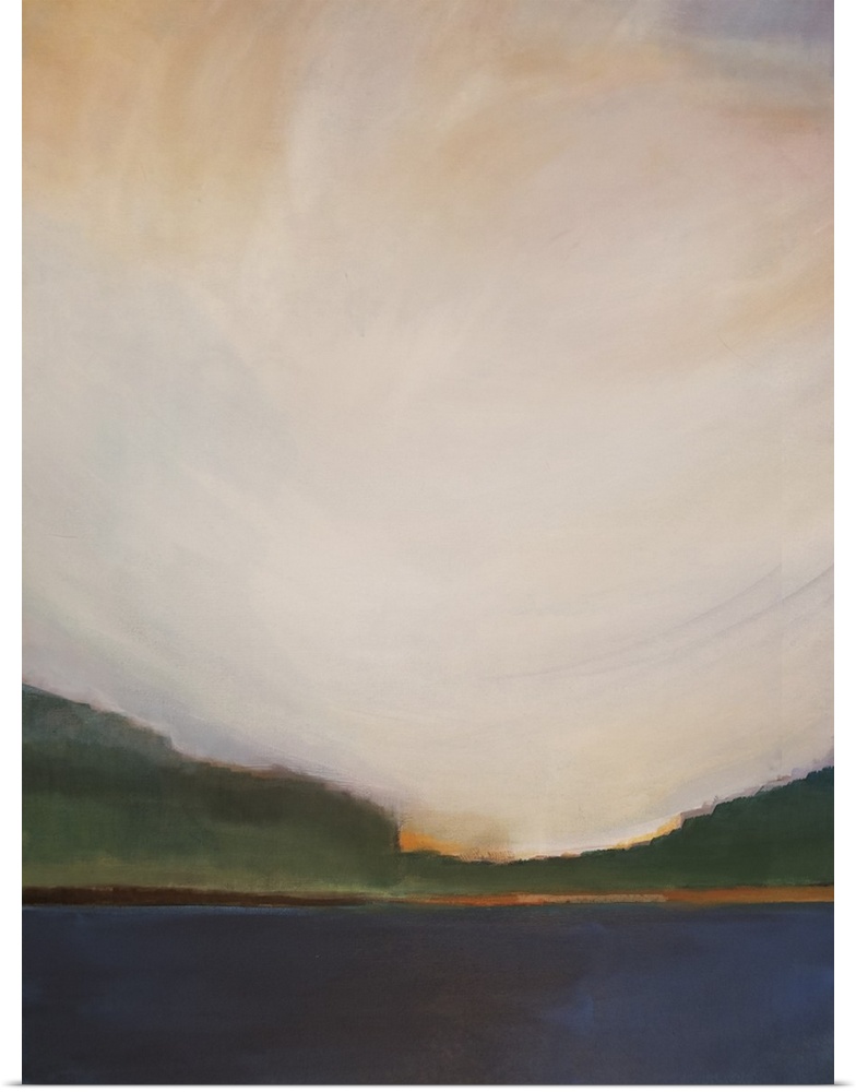 Vertical landscape painting of a lake with greenery on the horizon and a warm sunset above.