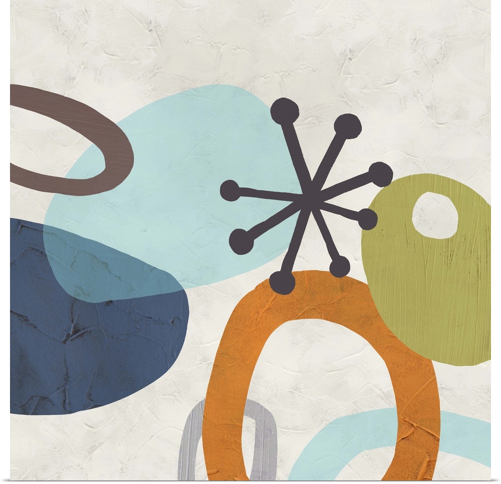 Contemporary abstract painting using organic funky shapes in muted colors against an off-white background in a retro style.