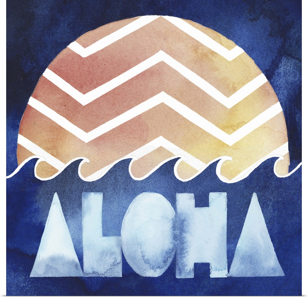 Retro style watercolor artwork with a patterned sun and waves, with the word "Aloha."