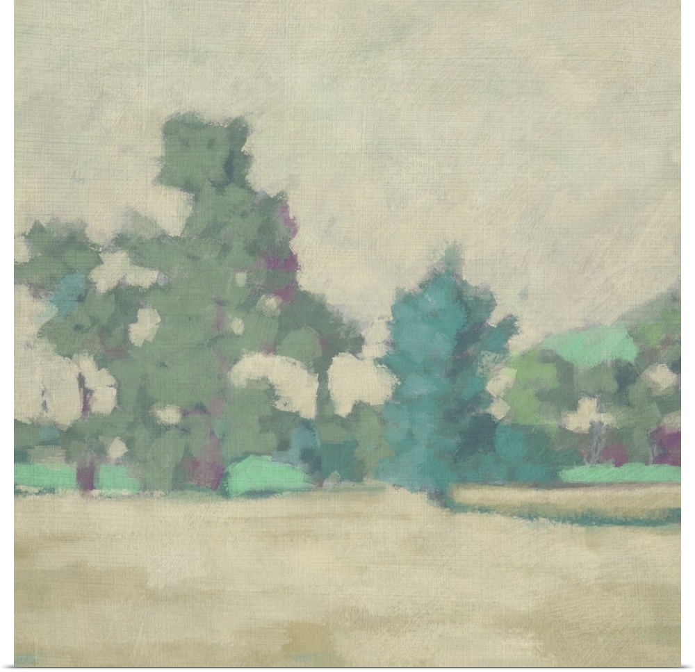 Contemporary landscape artwork of a line of trees in varies shades of green on a neutral backdrop, all in dull tones.