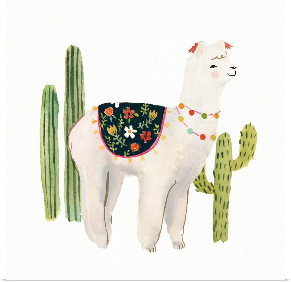 Festive watercolor alpaca in a southwestern landscape with cacti in the background.