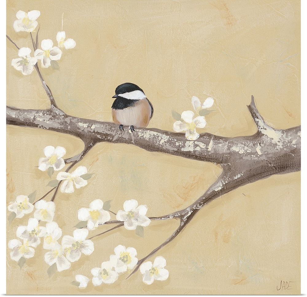 Contemporary artwork of a little chickadee bird on a blossoming tree branch.