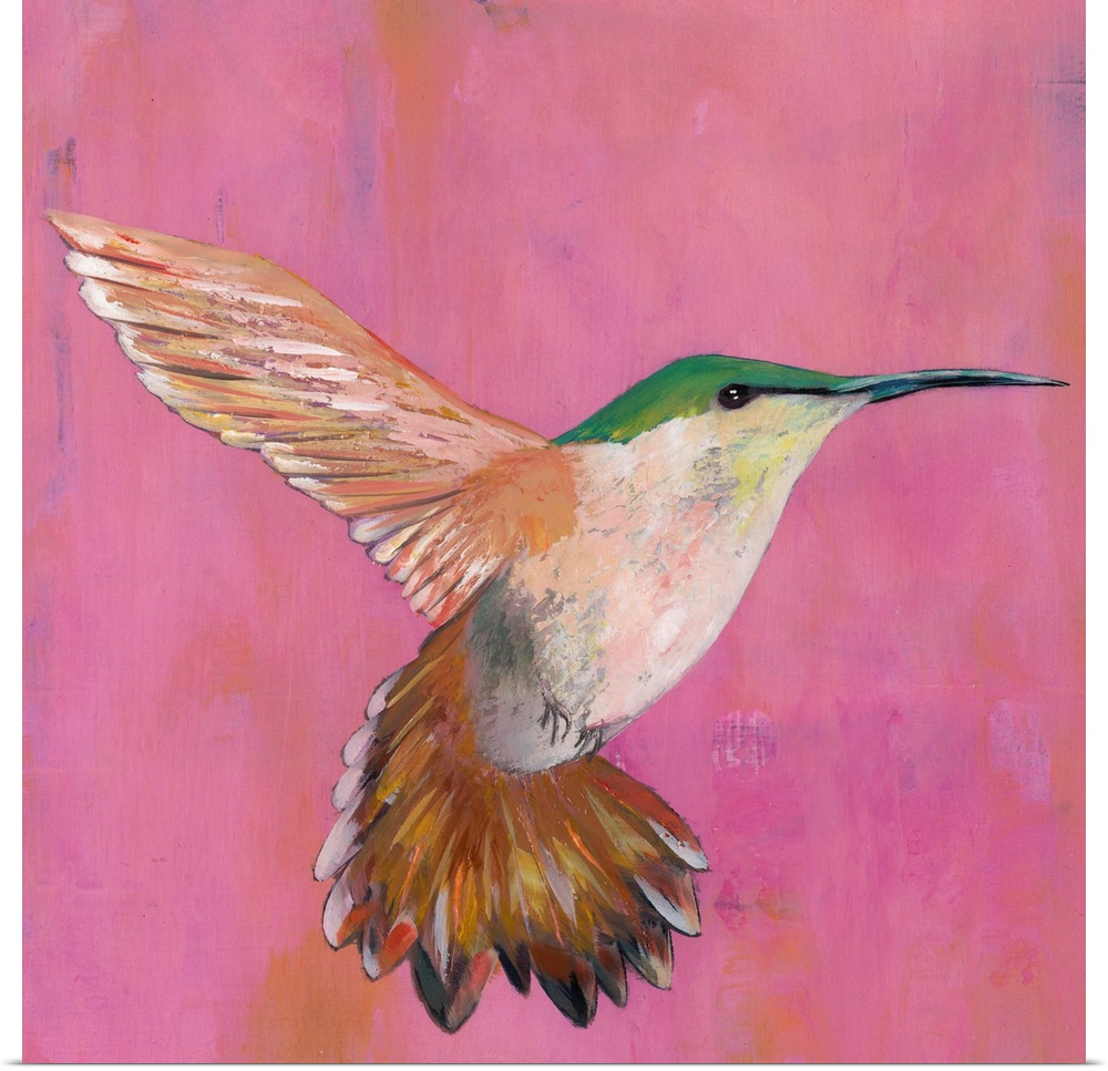 Contemporary painting of a hummingbird hovering against a pink background.