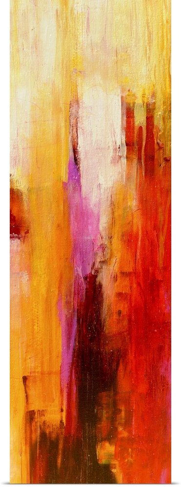 Vertical panoramic painting of vertical brush strokes of warm colors overlapping.