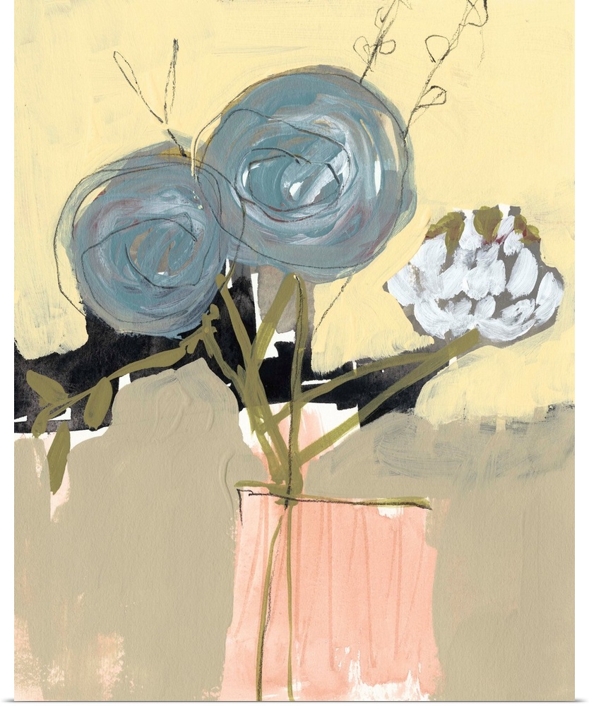 Contemporary painting of a bouquet of blue flowers on a yellow and tan background.