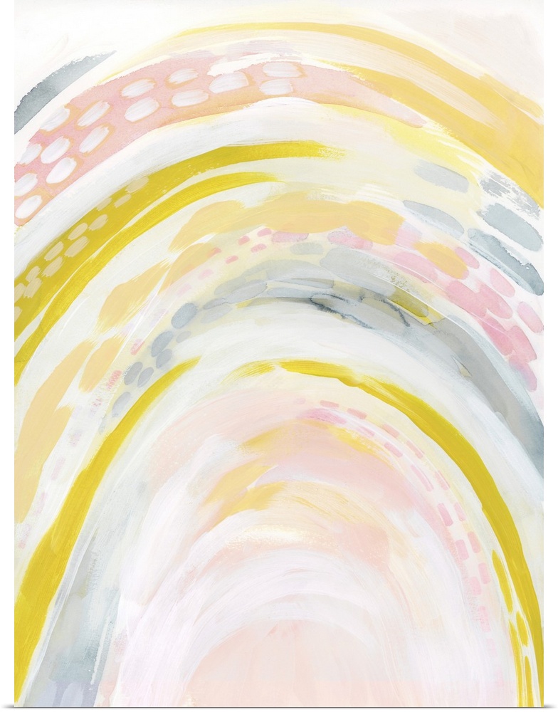 Contemporary abstract in pastel hues and bright yellow-greens.