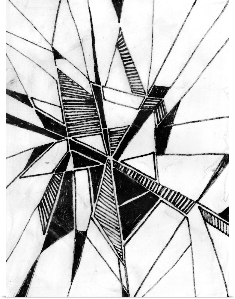 Black and white drawing of triangular patterned shapes.