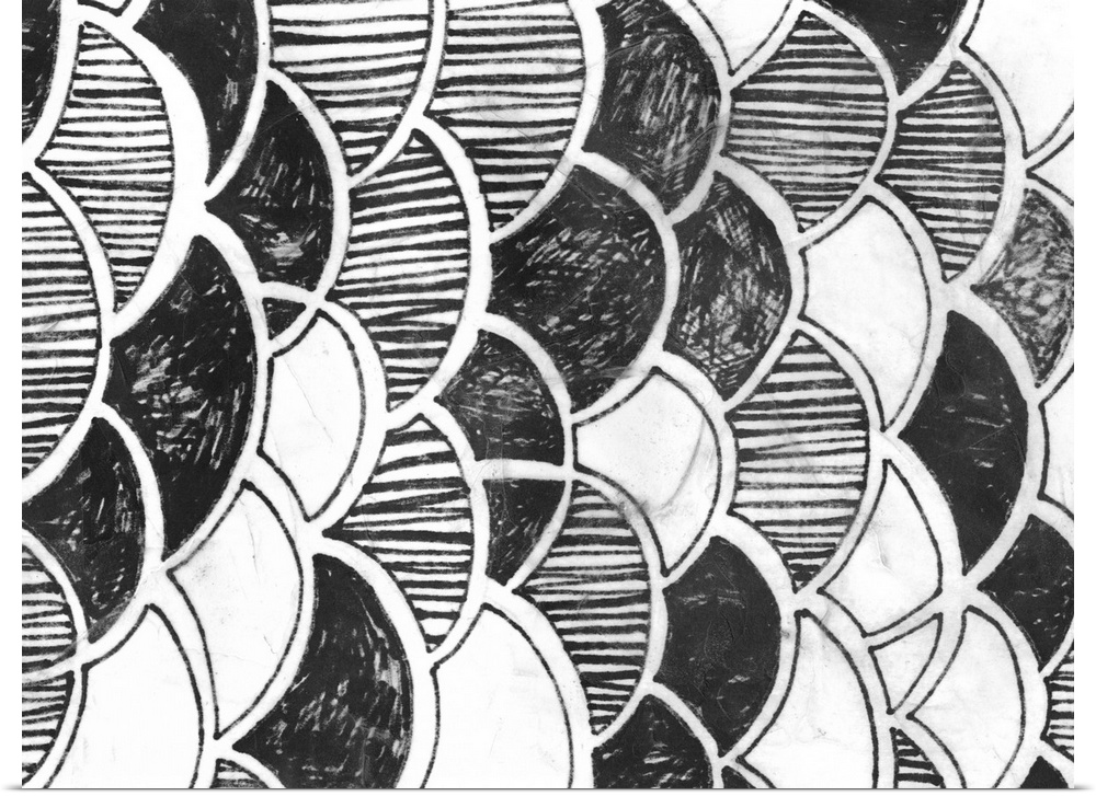 Black and white drawing of patterned scales.