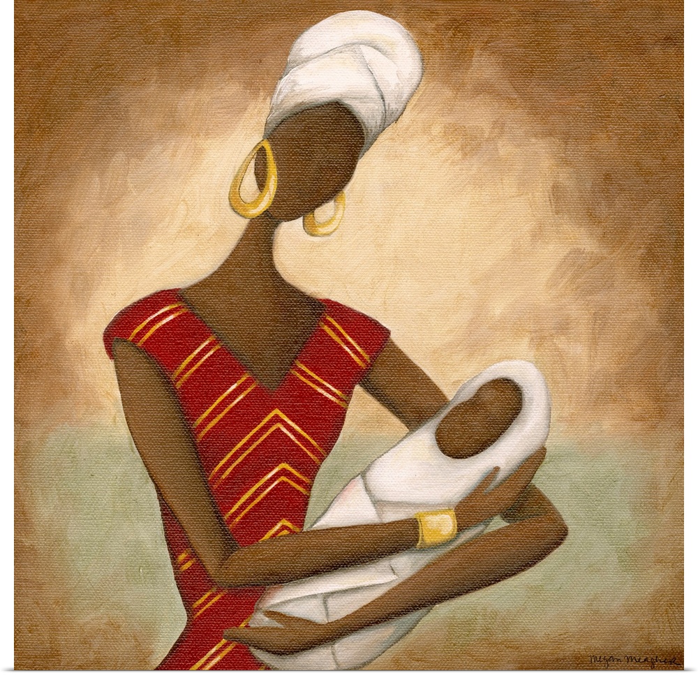 The figure of an African woman is drawn holding her baby that is swaddled in a blanket so only their face is shown.