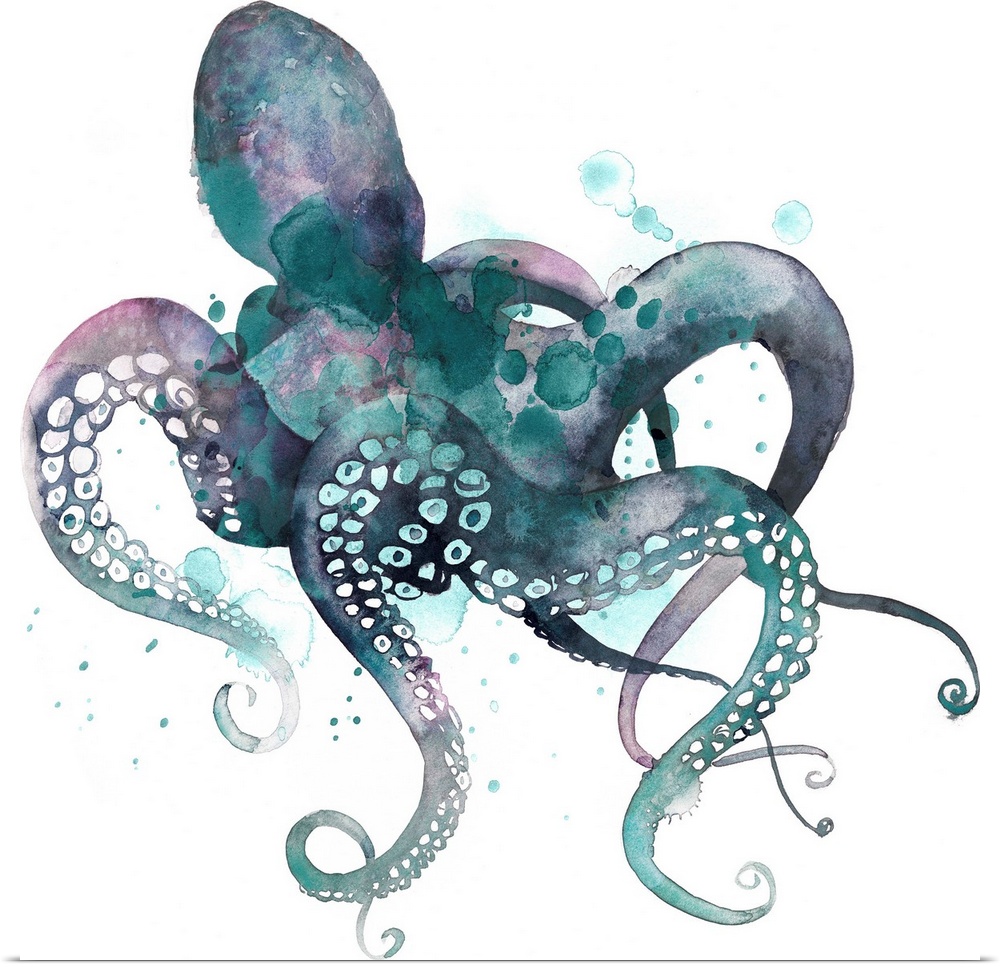 Watercolor painting of an octopus against a white background.