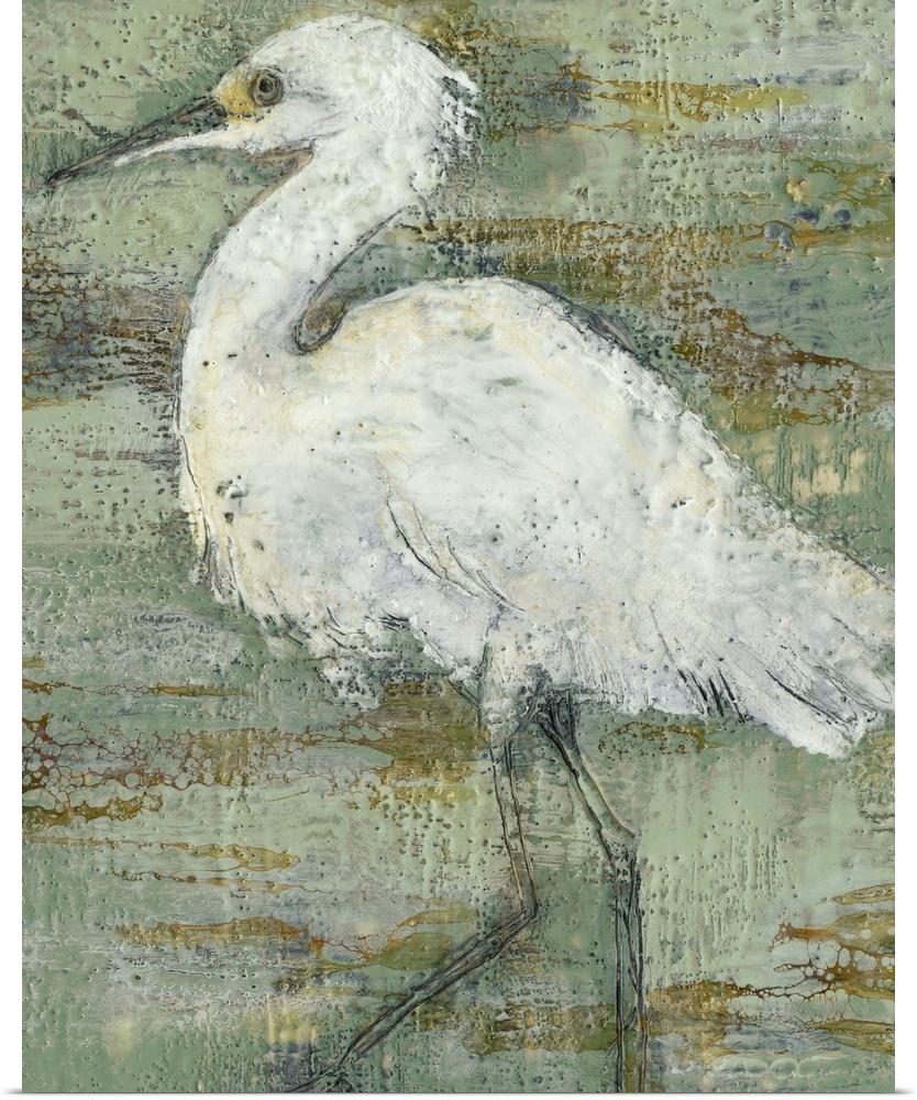 Contemporary artwork of a white heron against a weathered dark background.
