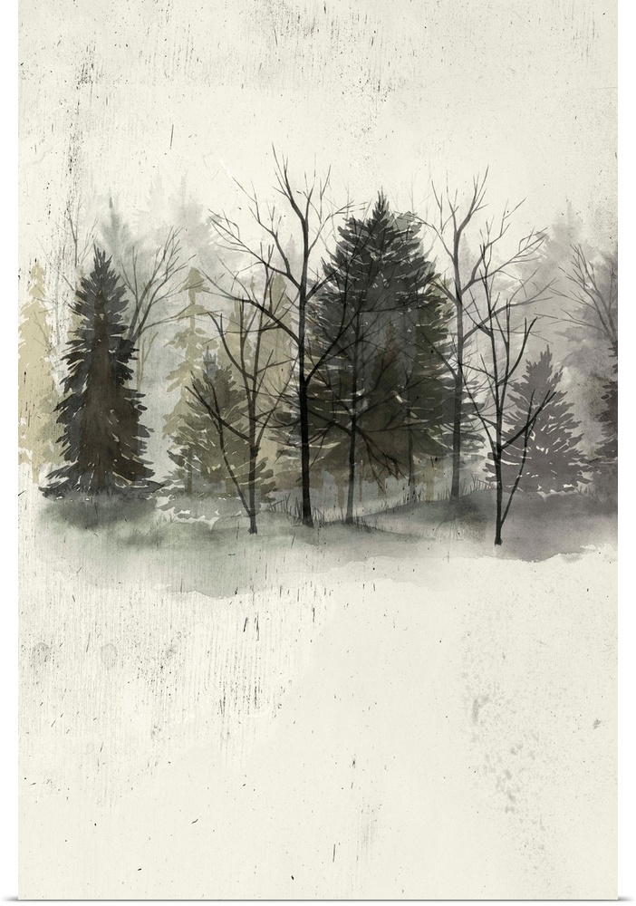 Contemporary artwork of a dark forest at the edge of a clearing.
