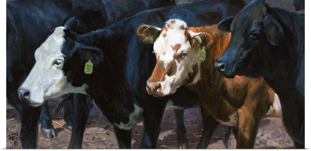 Contemporary painting of three cows standing in a herd.