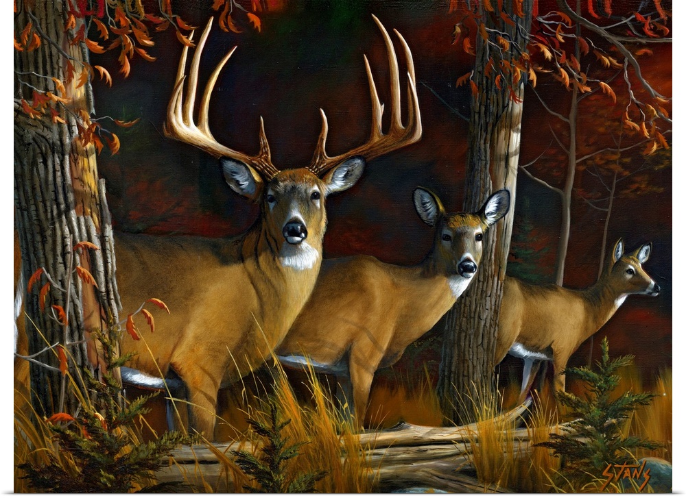Painting of three deer in forest with fallen tree log in front of them.