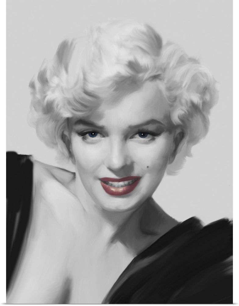 Black and white image of Marilyn Monroe with tinted red lips.