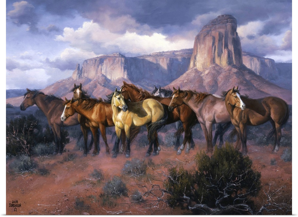 Contemporary Western artwork of a herd of wild horses in a canyon standing alert and still.