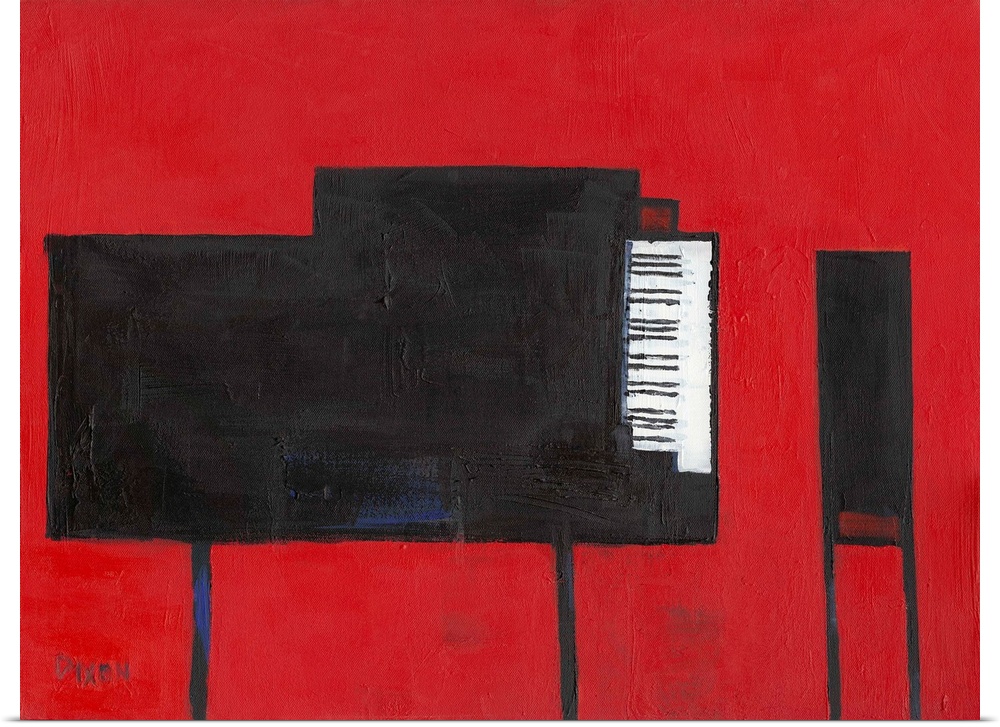 Contemporary painting of a black grand piano and bench on red.