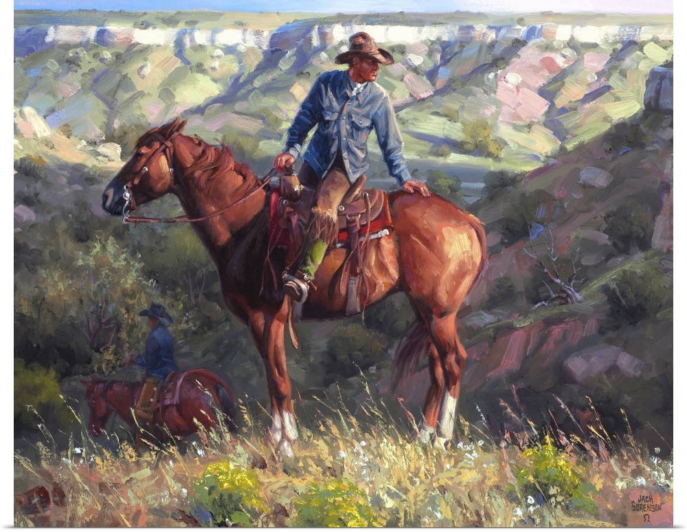Contemporary painting of a cowboy on a chestnut horse overlooking a western valley landscape.