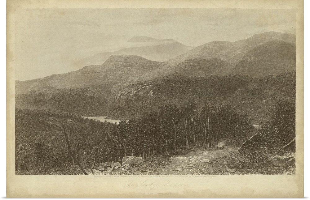 Vintage artwork of the edge of a mountain range in sepia.
